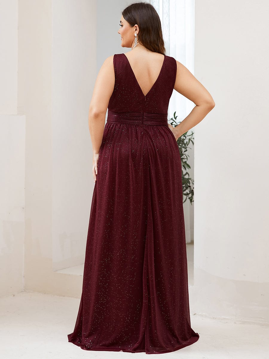 Custom Size Double V Neck Floor Length Sparkly Evening Dresses for Party #color_Burgundy
