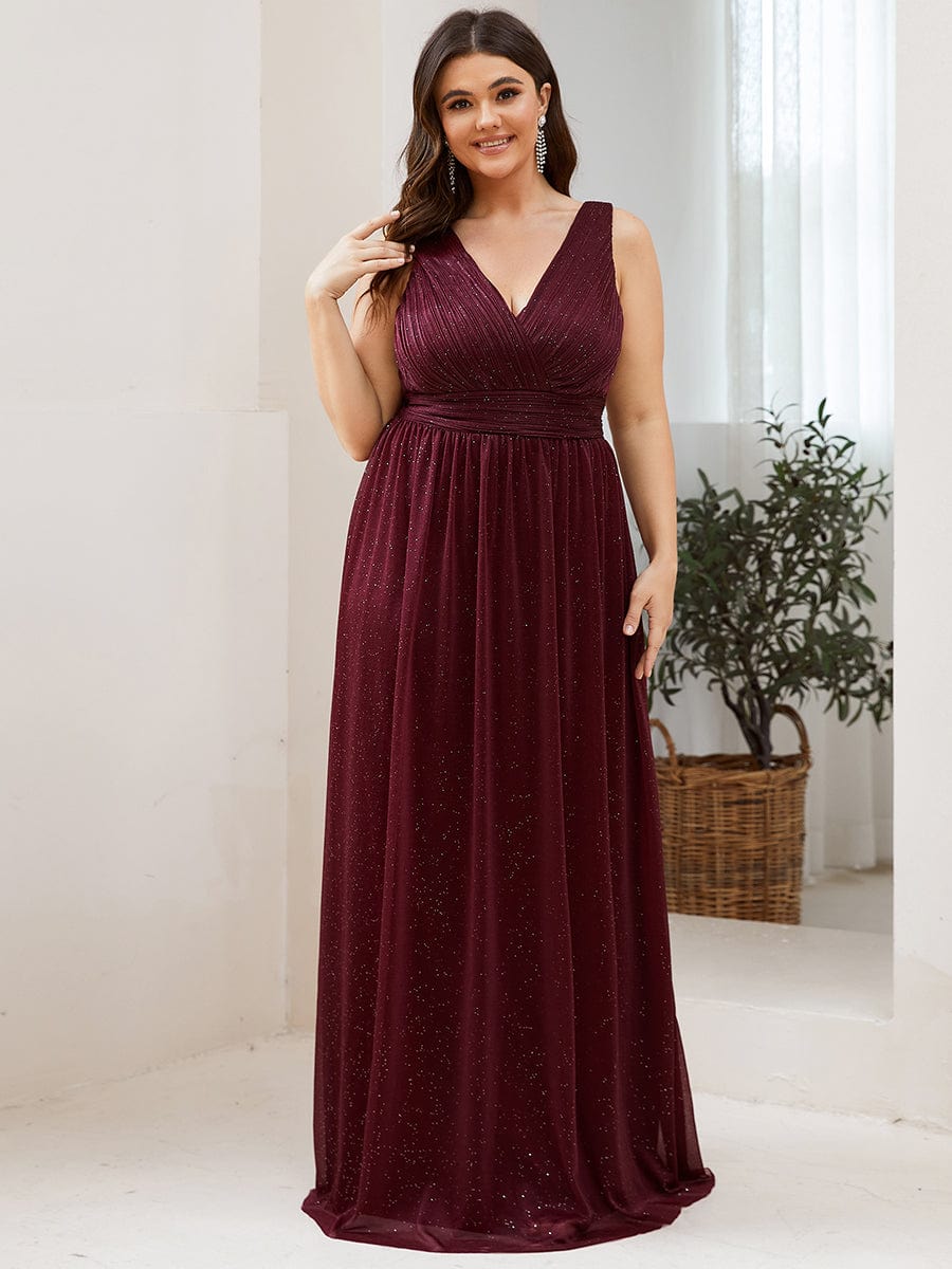 Custom Size Double V Neck Floor Length Sparkly Evening Dresses for Party #color_Burgundy