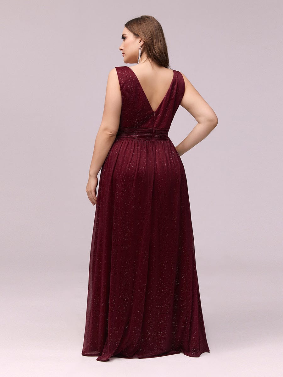 Double V Neck Maxi Long Plus Size Sparkly Evening Dresses for Party #color_Burgundy 