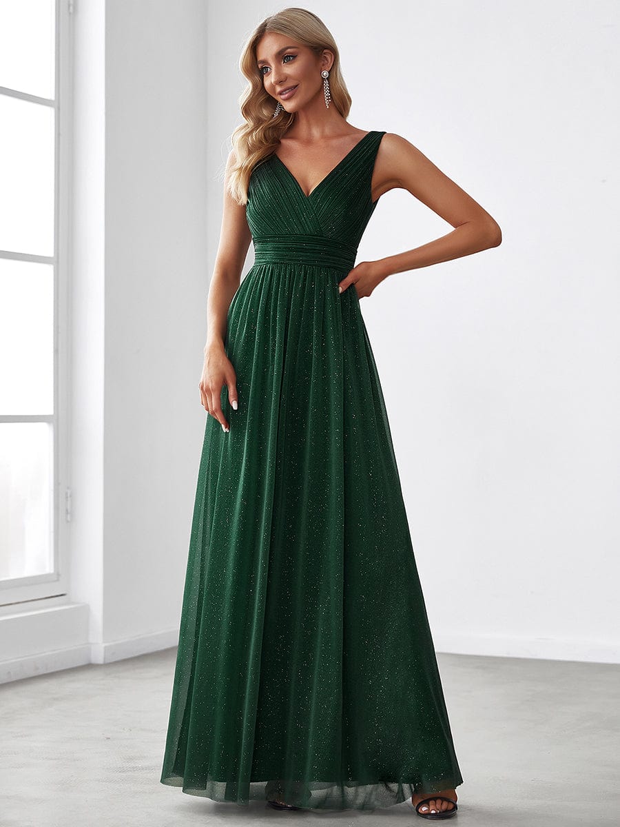 Double V Neck Floor Length Sparkly Evening Dresses for Party #color_Dark Green