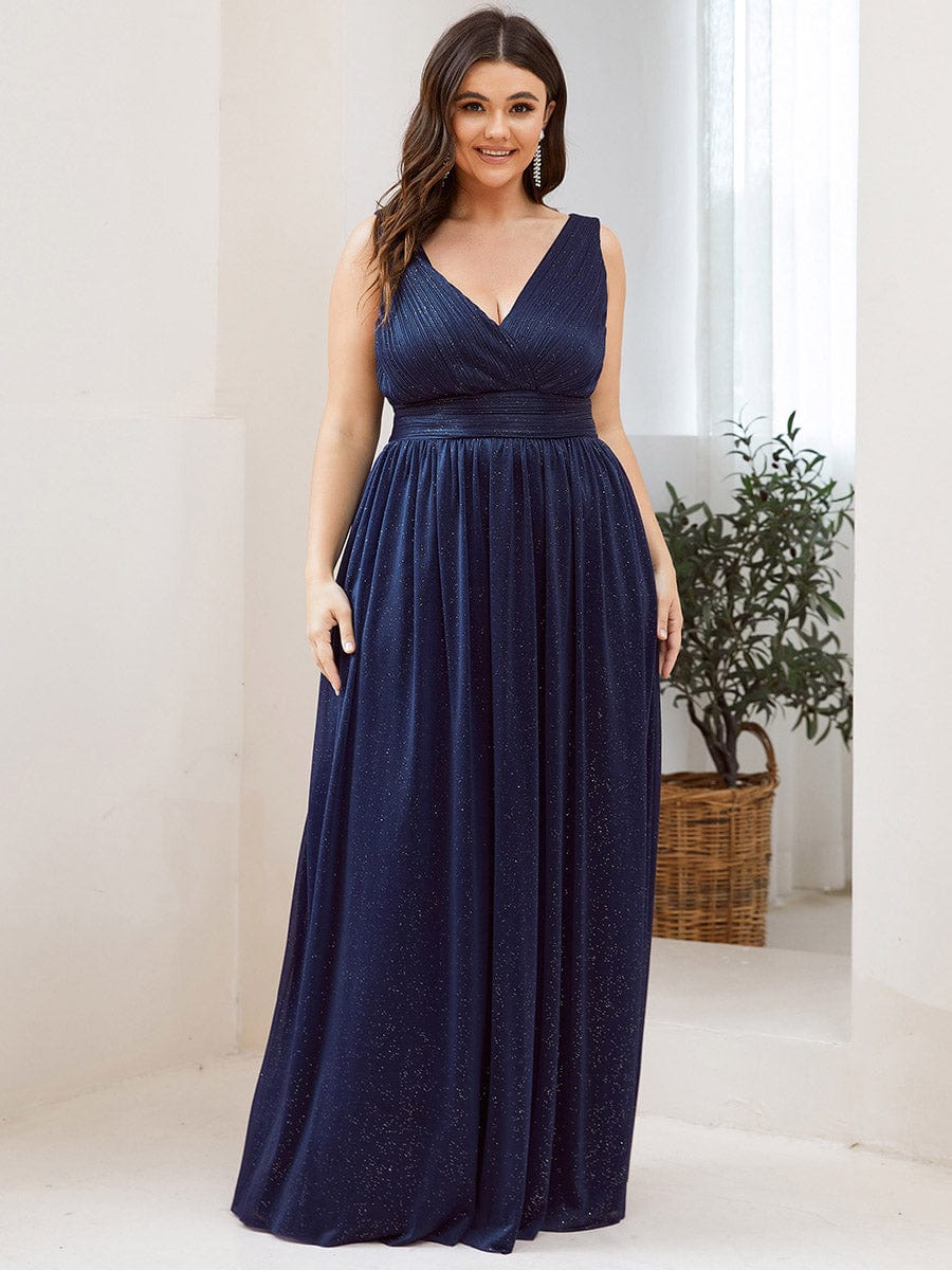 Custom Size Double V Neck Floor Length Sparkly Evening Dresses for Party #color_Navy Blue