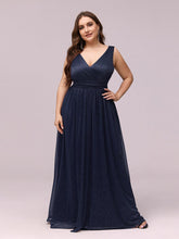 Double V Neck Maxi Long Plus Size Sparkly Evening Dresses for Party #color_Navy Blue 