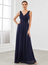Double V Neck Floor Length Sparkly Evening Dresses for Party #color_Navy Blue