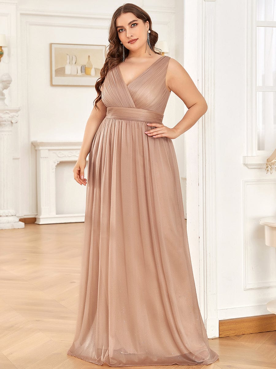 Custom Size Double V Neck Floor Length Sparkly Evening Dresses for Party #color_Rose Gold