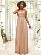 Double V Neck Floor Length Sparkly Evening Dresses for Party #color_Rose Gold