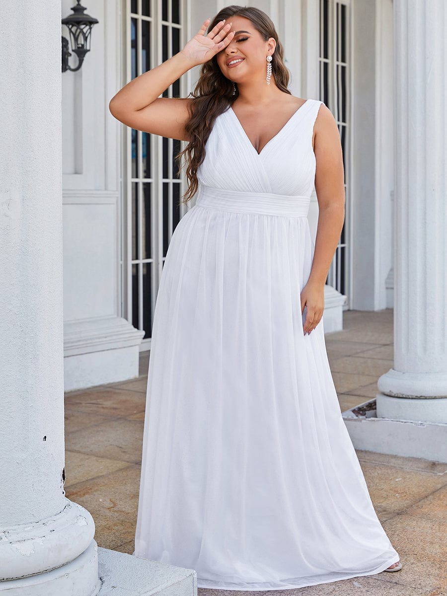 Double V Neck Maxi Long Plus Size Sparkly Evening Dresses for Party #color_White 