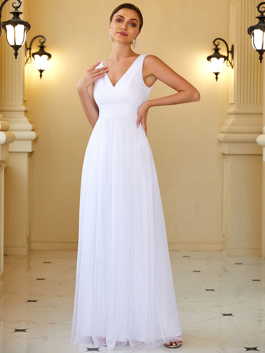 Double V Neck Floor Length Sparkly Evening Dresses for Party #color_White