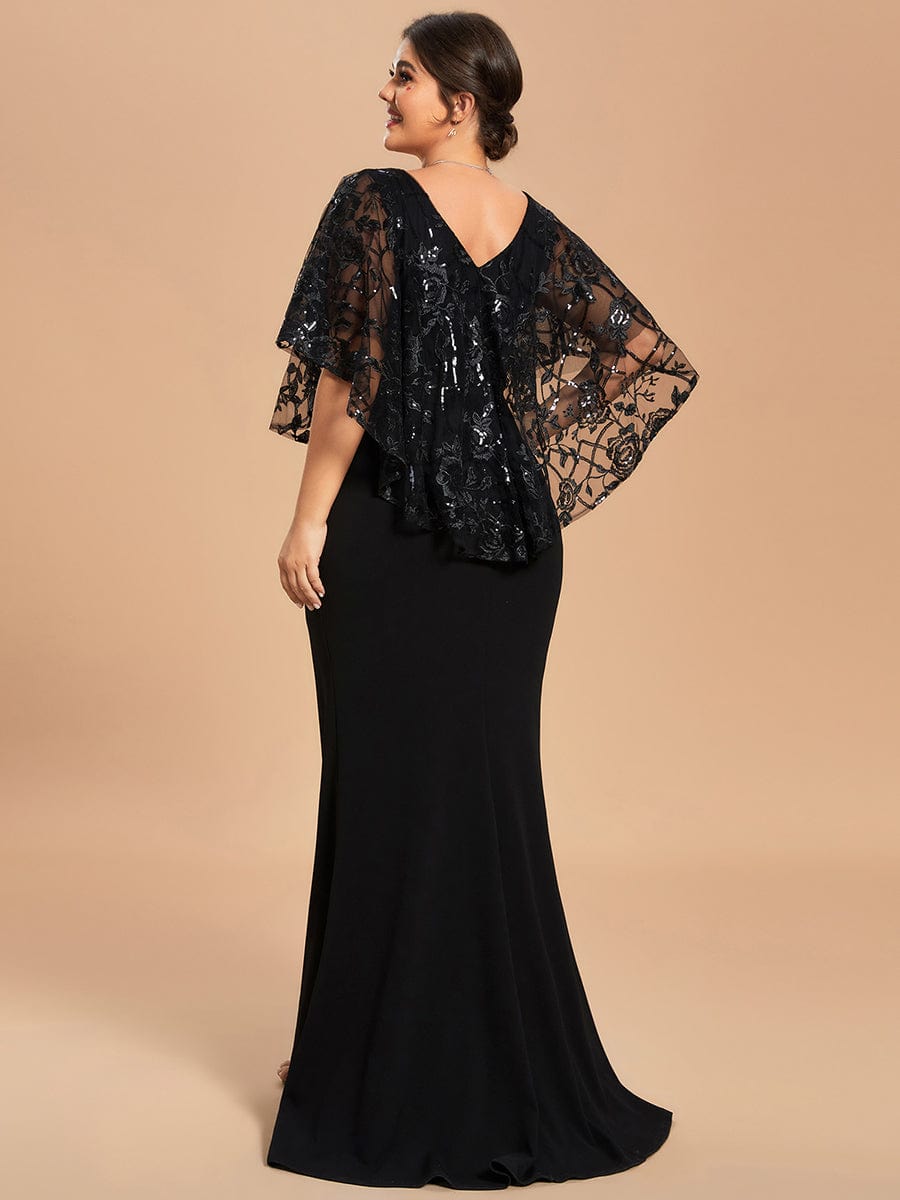 Plus Size Sequin Cape Short Sleeves Mermaid Formal Evening Dresses #color_Black