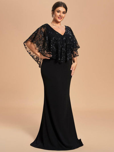 Plus Size Sequin Cape Short Sleeves Mermaid Formal Evening Dresses #color_Black
