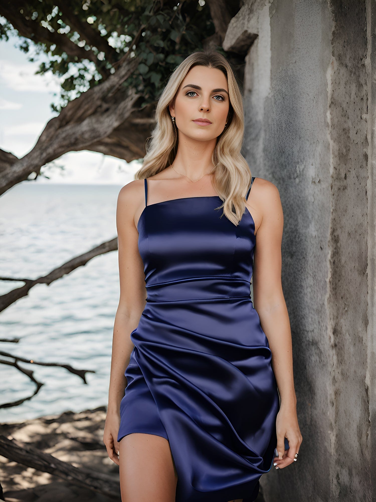 Spaghetti Strap Backless Pleated Satin Bodycon Homecoming Dress #color_Navy Blue