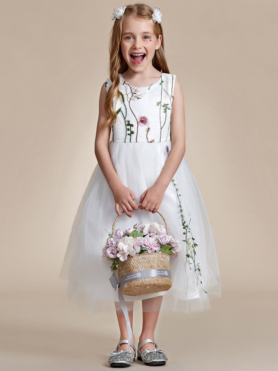 Floral Embroidered Sleeveless Flower Girl Dress with Tulle Cover #color_White