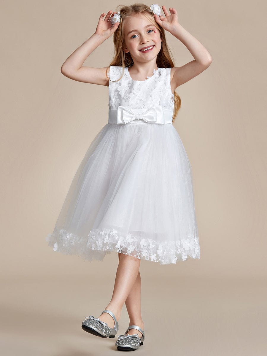 Flower Adorned Sheer Flower Girl Dress with Butterfly Bows #color_White