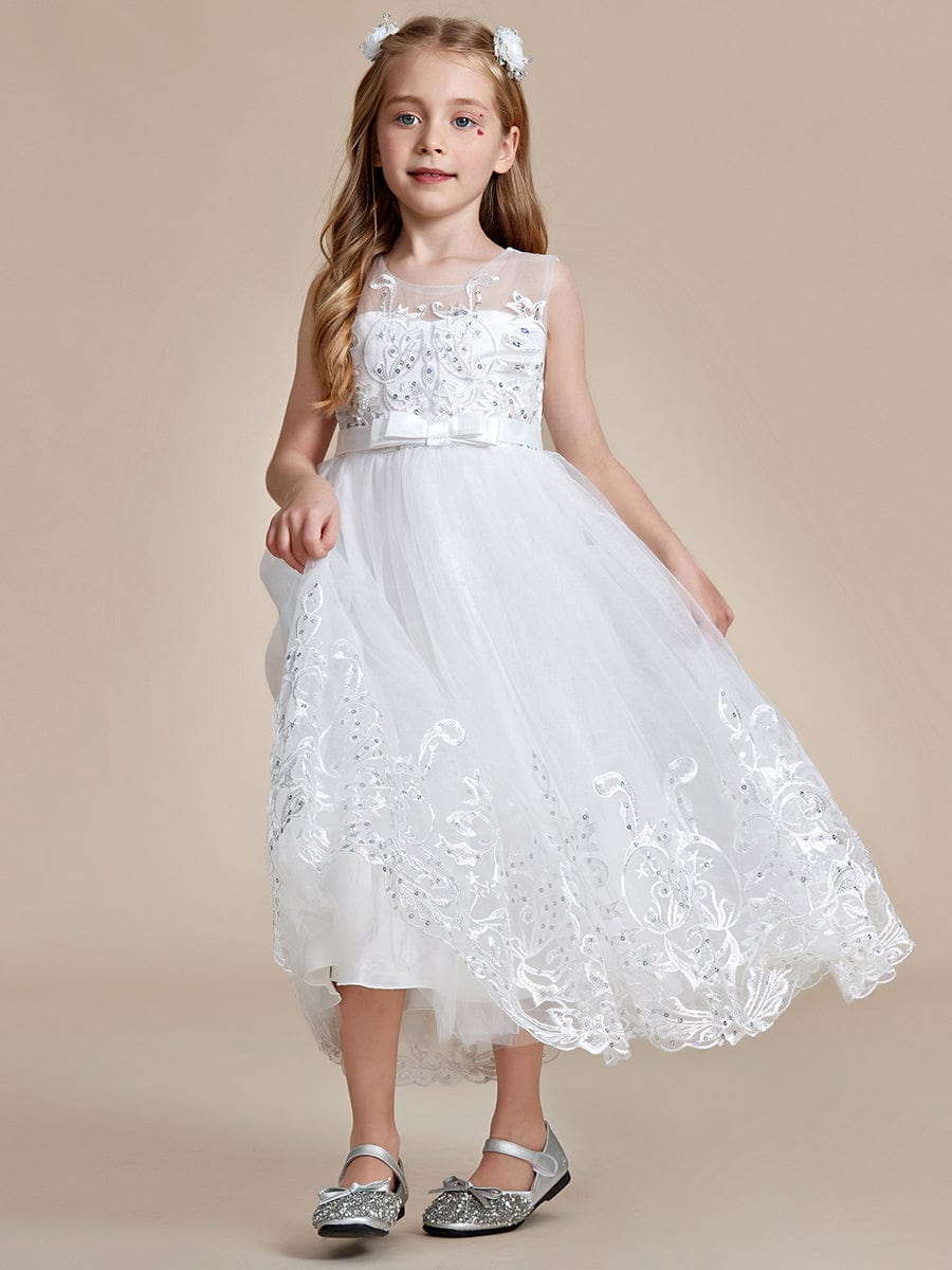 Gorgeous Applique Princess Dress for Flower Girl with Bowknot #color_White