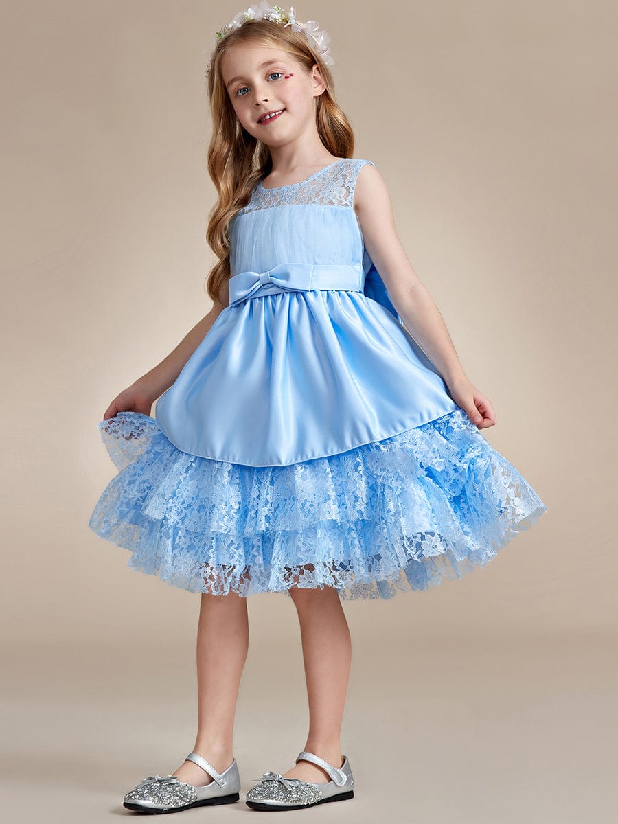 Multi-Layered Princess Floewr Girl Dress with Large Bow Detail #color_Sky Blue