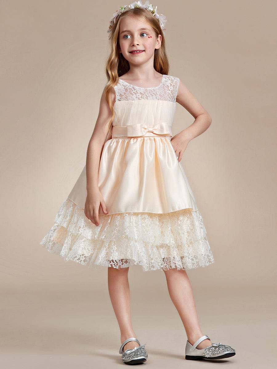 Multi-Layered Princess Flower Girl Dress with Large Bow Detail