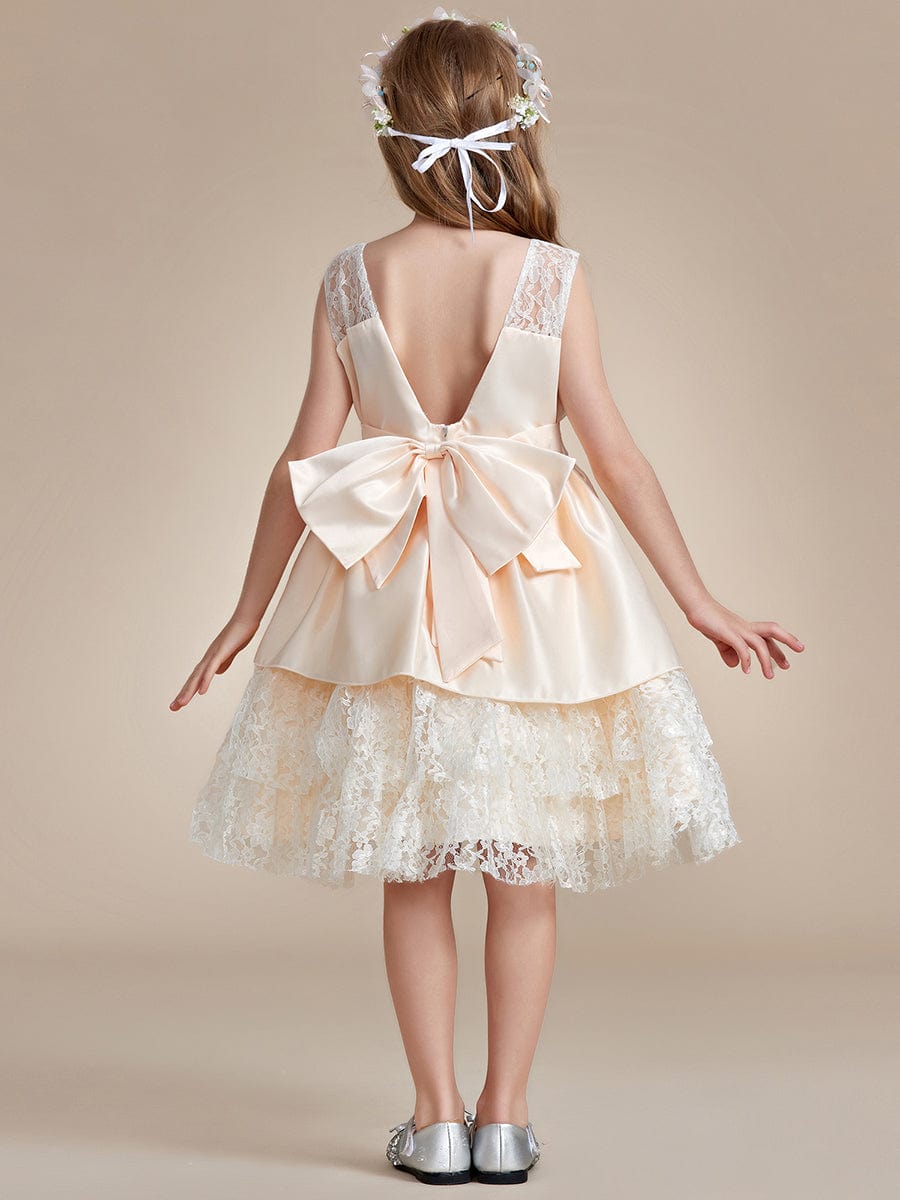 Multi-Layered Princess Floewr Girl Dress with Large Bow Detail #color_Champagne