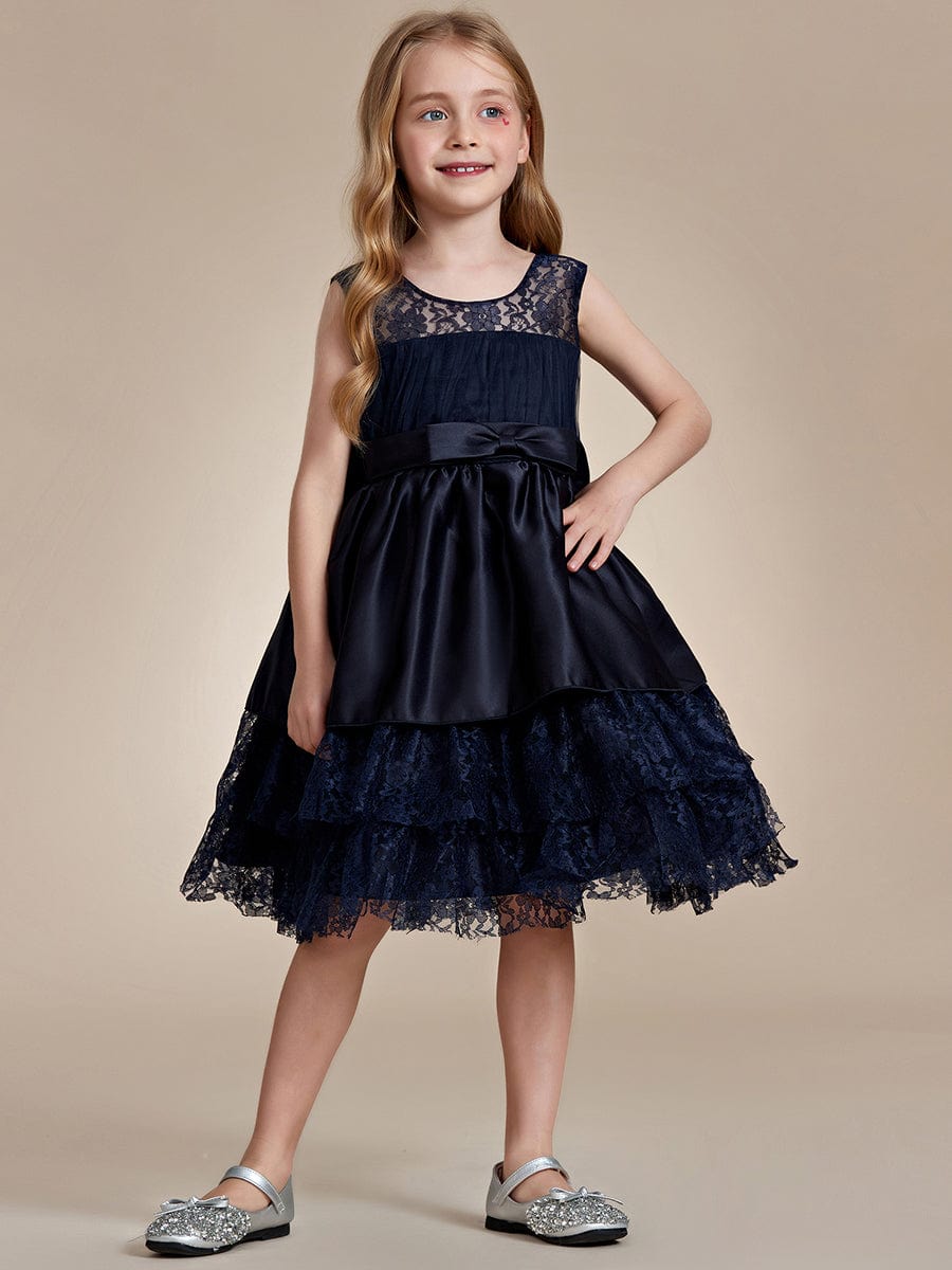 Multi-Layered Princess Floewr Girl Dress with Large Bow Detail #color_Navy Blue