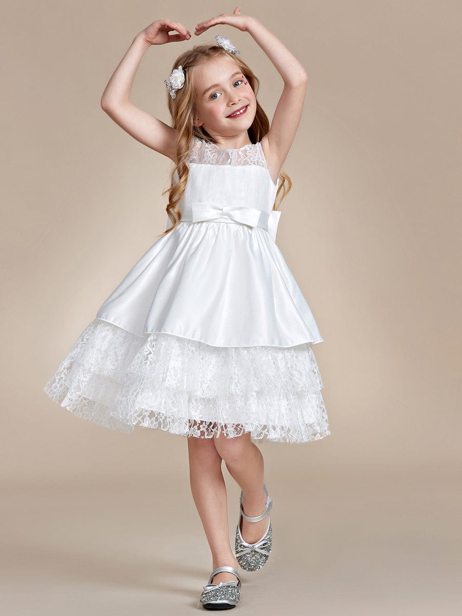 Multi-Layered Princess Floewr Girl Dress with Large Bow Detail #color_White