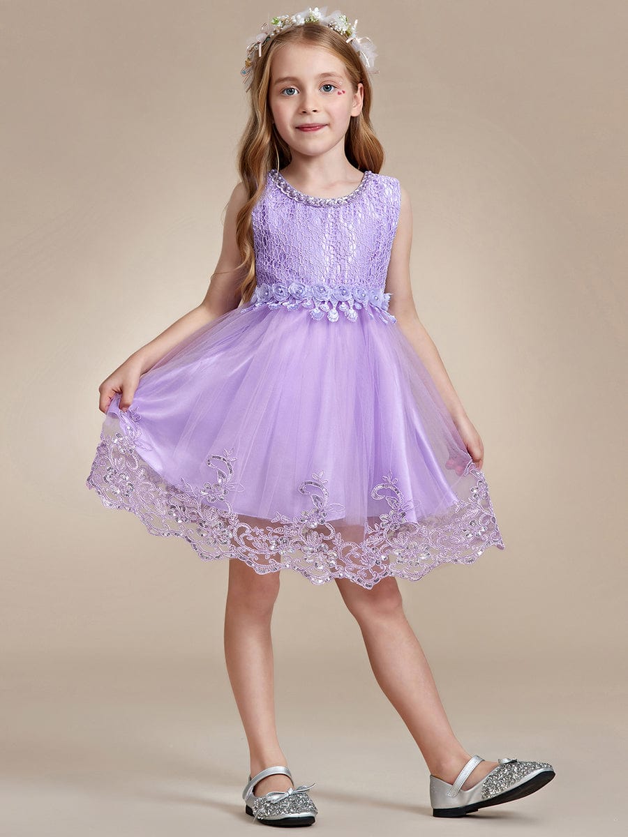 Beaded Lace Applique Sleeveless Flower Girl Dress With Back Bow-Knot #color_Dark Purple