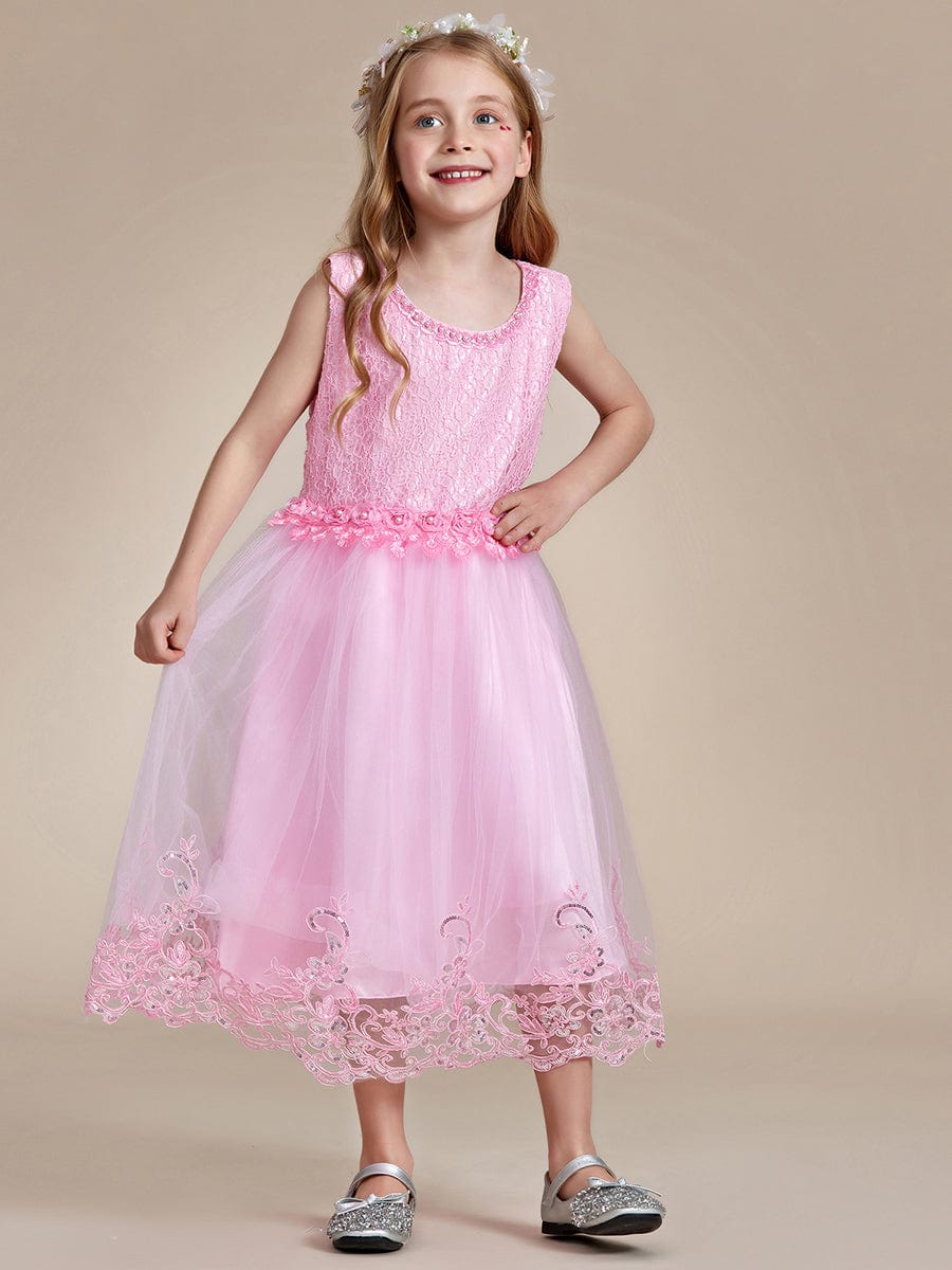 Beaded Lace Applique Sleeveless Flower Girl Dress With Back Bow-Knot #color_Pink