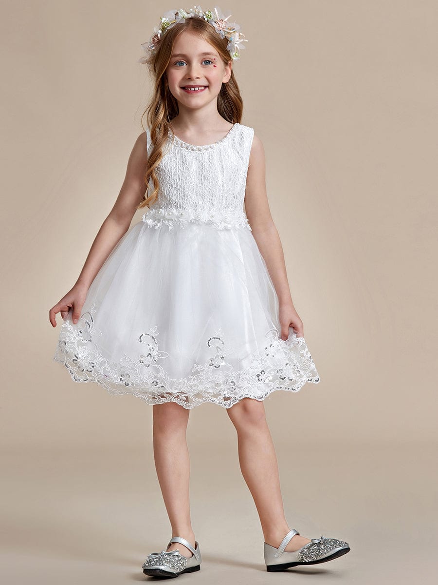 Beaded Lace Applique Sleeveless Flower Girl Dress With Back Bow-Knot #color_White