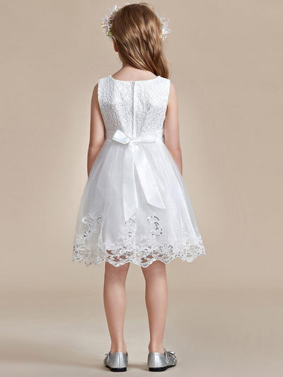 Beaded Lace Applique Sleeveless Flower Girl Dress With Back Bow-Knot #color_White