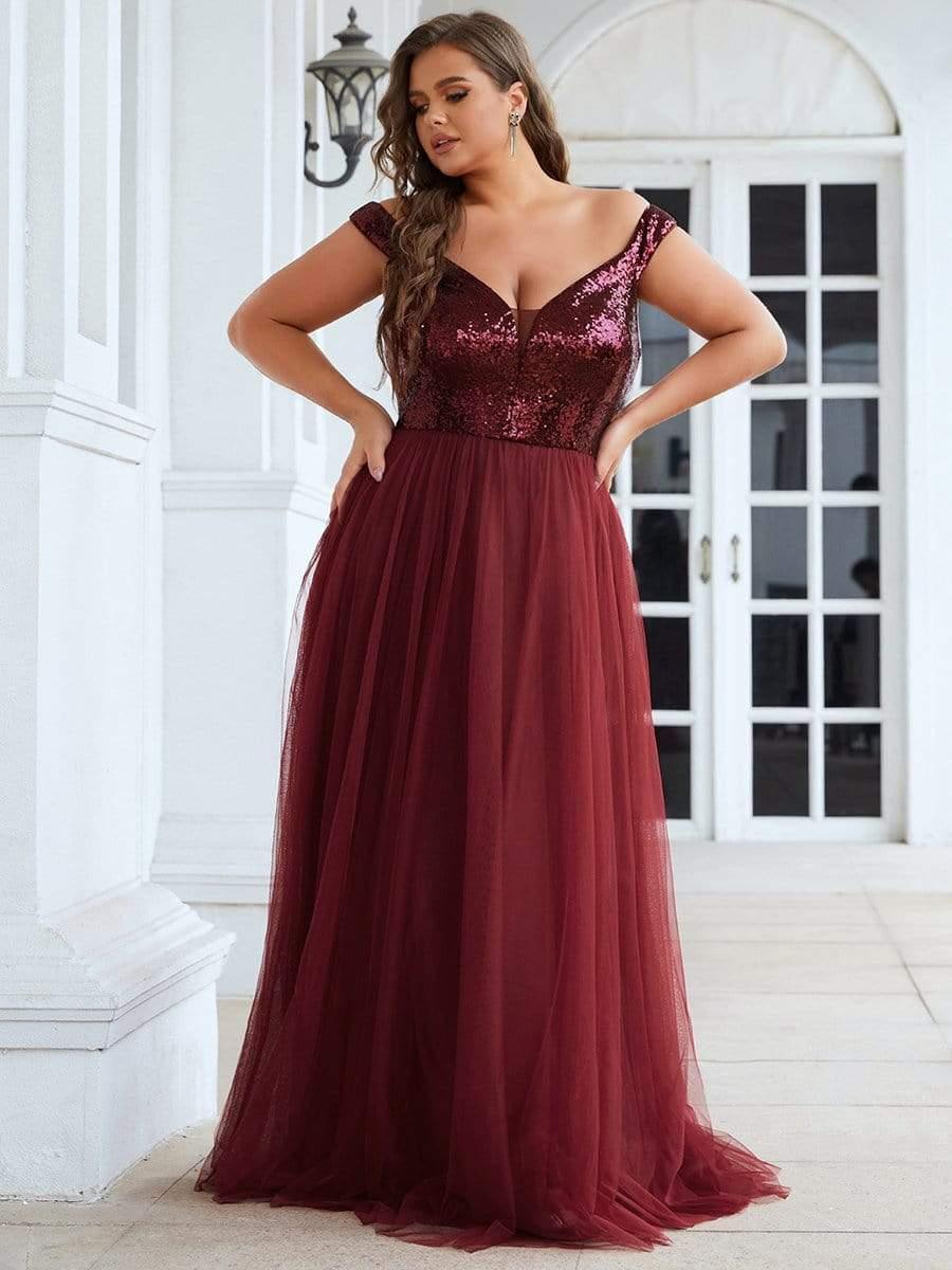 Plus Size Women s Sequin Off The Shoulder Maxi Tulle Evening Dress by Ever Pretty in Burgundy Size 22