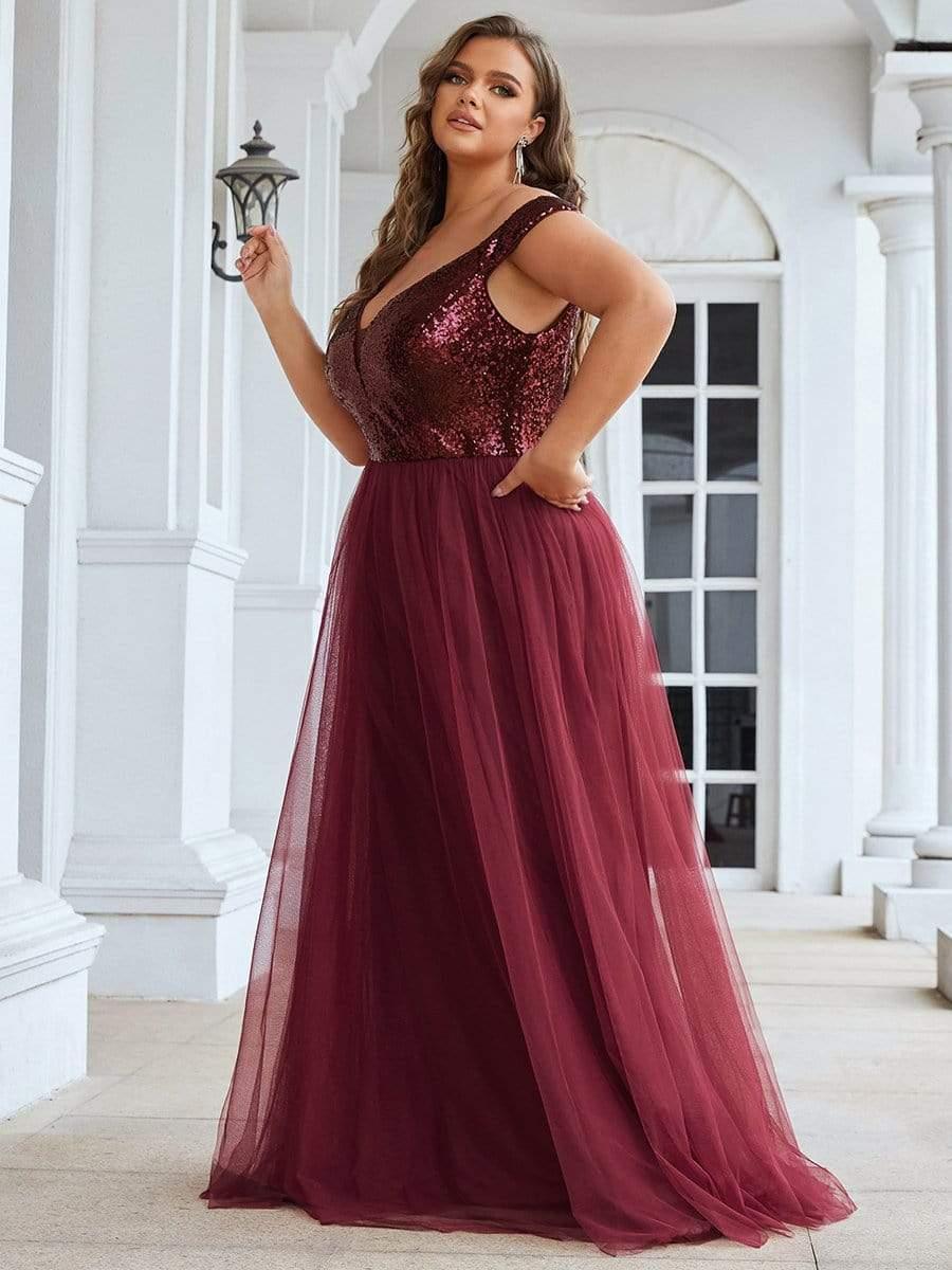 Plus Size Long Sequin Special Occasion Dresses #color_Burgundy 