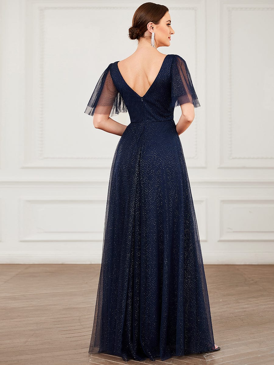 Romantic V Neck Tulle Evening Dress with Ruffle Sleeves #color_Navy Blue