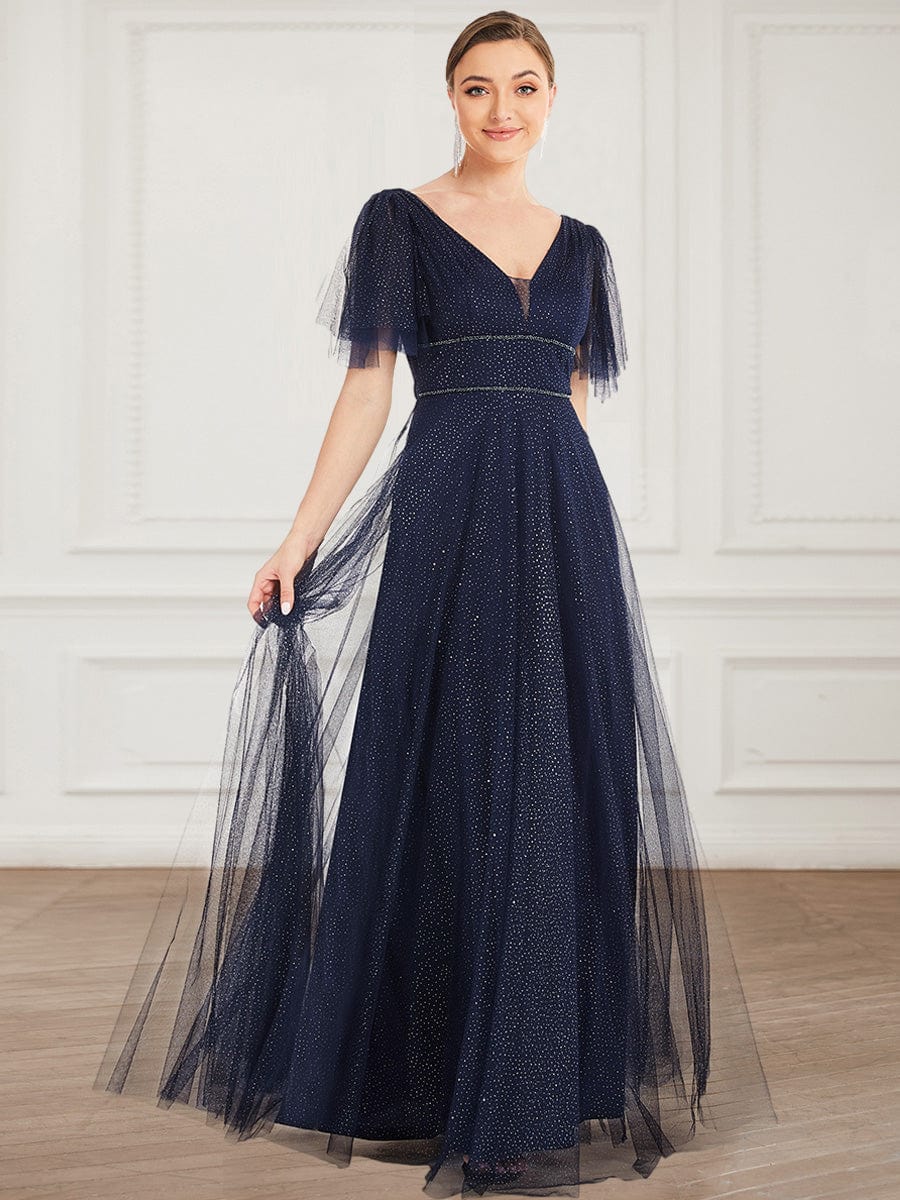 Romantic V Neck Tulle Evening Dress with Ruffle Sleeves #color_Navy Blue
