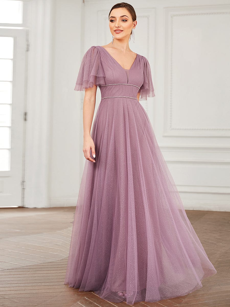 Romantic V Neck Tulle Evening Dress with Ruffle Sleeves #color_Purple Orchid