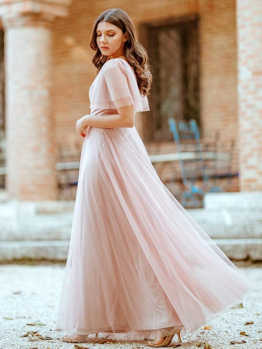 Romantic V Neck Tulle Evening Dress with Ruffle Sleeves #color_Pink