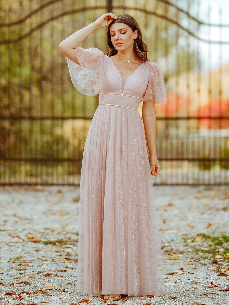 Romantic V Neck Tulle Evening Dress with Ruffle Sleeves #color_Pink