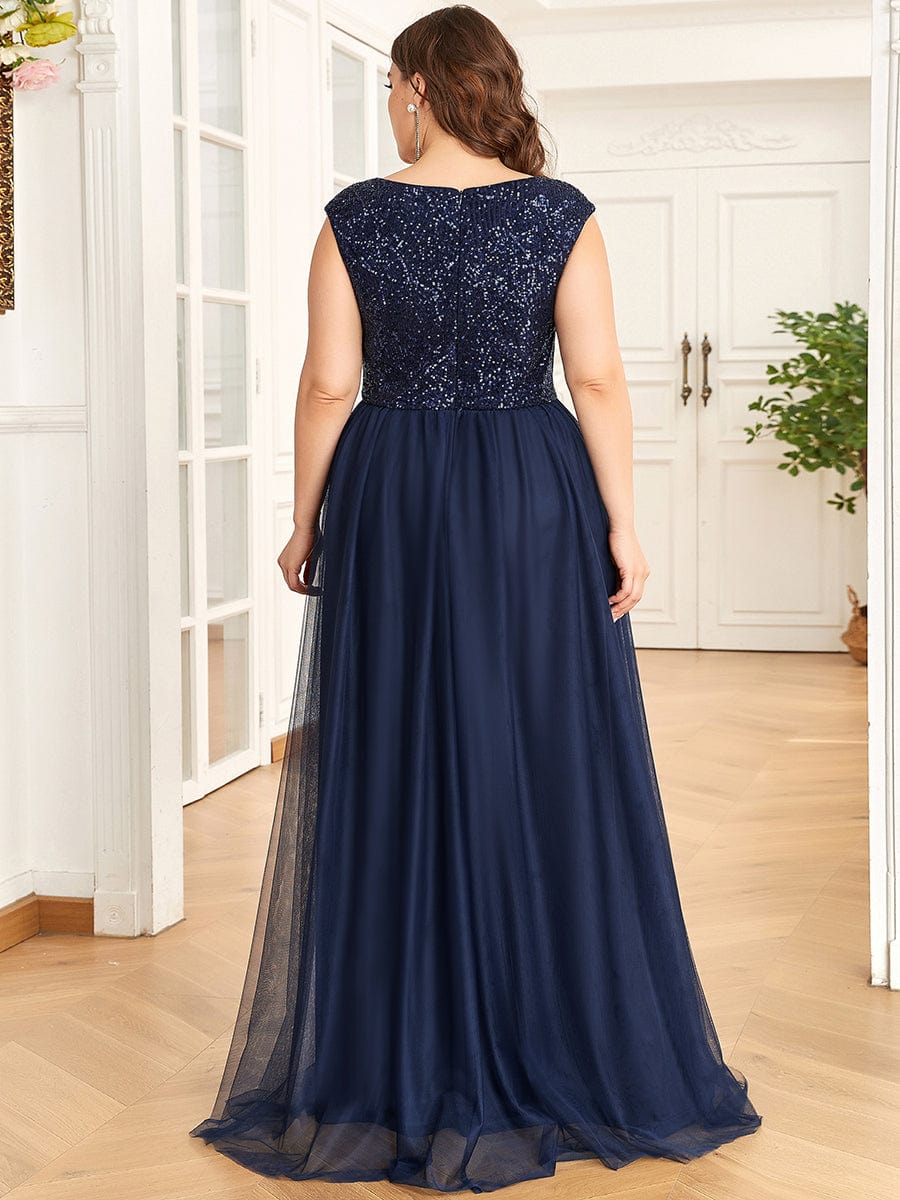 Plus Size Sequin Illusion Plunging V-Neckline Sleeveless A-Line Tulle Evening Dress #color_Navy Blue 
