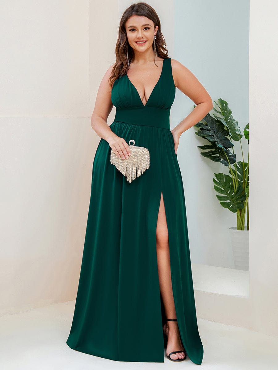 Custom Size Deep V-Neck Empire Waist Sleeveless Simple Evening Dress #color_Dark Green