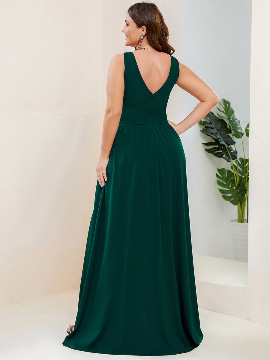 Plus Size Sleeveless V-Neck Empire Waist High Slit Floor-Length Evening Dress #color_Dark Green
