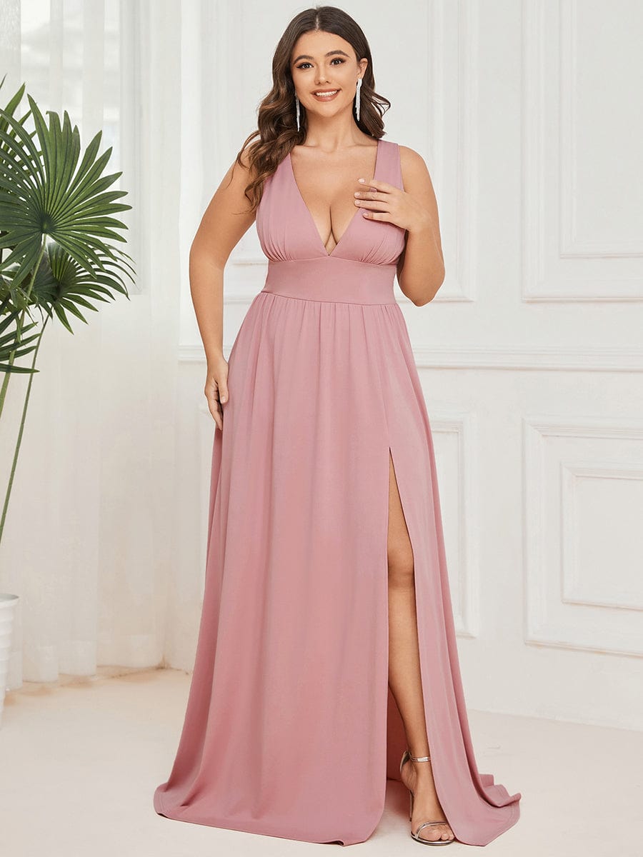 Plus Size Sleeveless V-Neck Empire Waist High Slit Floor-Length Evening Dress #color_Dusty Rose