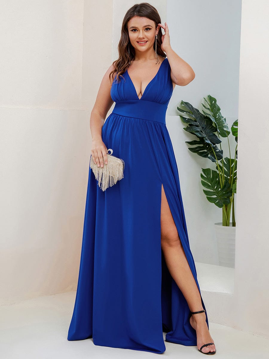 Custom Size Deep V-Neck Empire Waist Sleeveless Simple Evening Dress #color_Sapphire Blue
