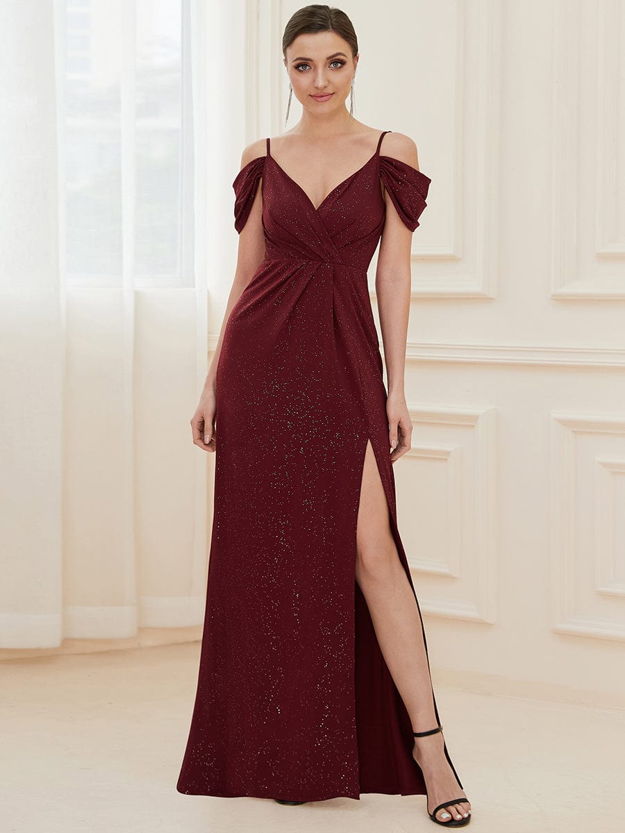 V-Neck Cold Shoulder Floor-Length Evening Dress #color_Burgundy 
