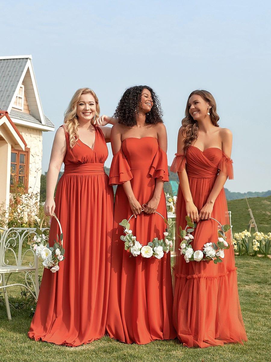 Custom Size Off-Shoulder Sweetheart Double Layer Pleated Evening Dress #color_Burnt Orange