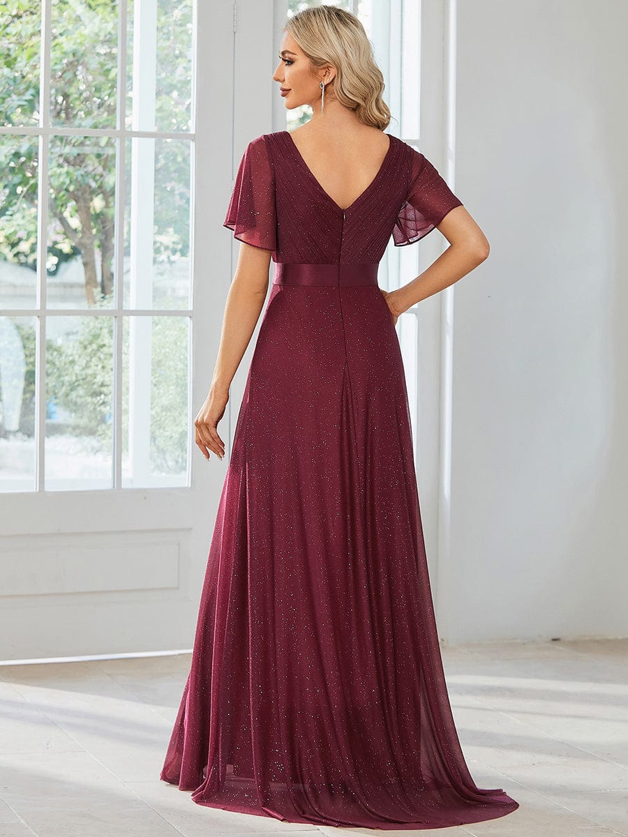 Sparkling Short Sleeve V-Neck Ribbon Waist A-Line Evening Dress #color_Burgundy