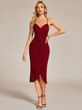 Elegant Pleated Tea Length High Stretch Backless Wedding Guest Dress #Color_Burgundy