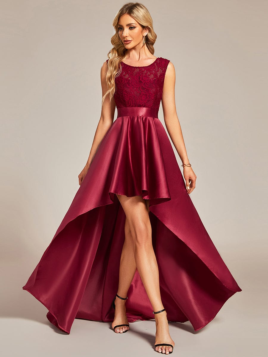 Elegant Sleeveless High-low Lace Top Wedding Guest Dress #color_Burgundy