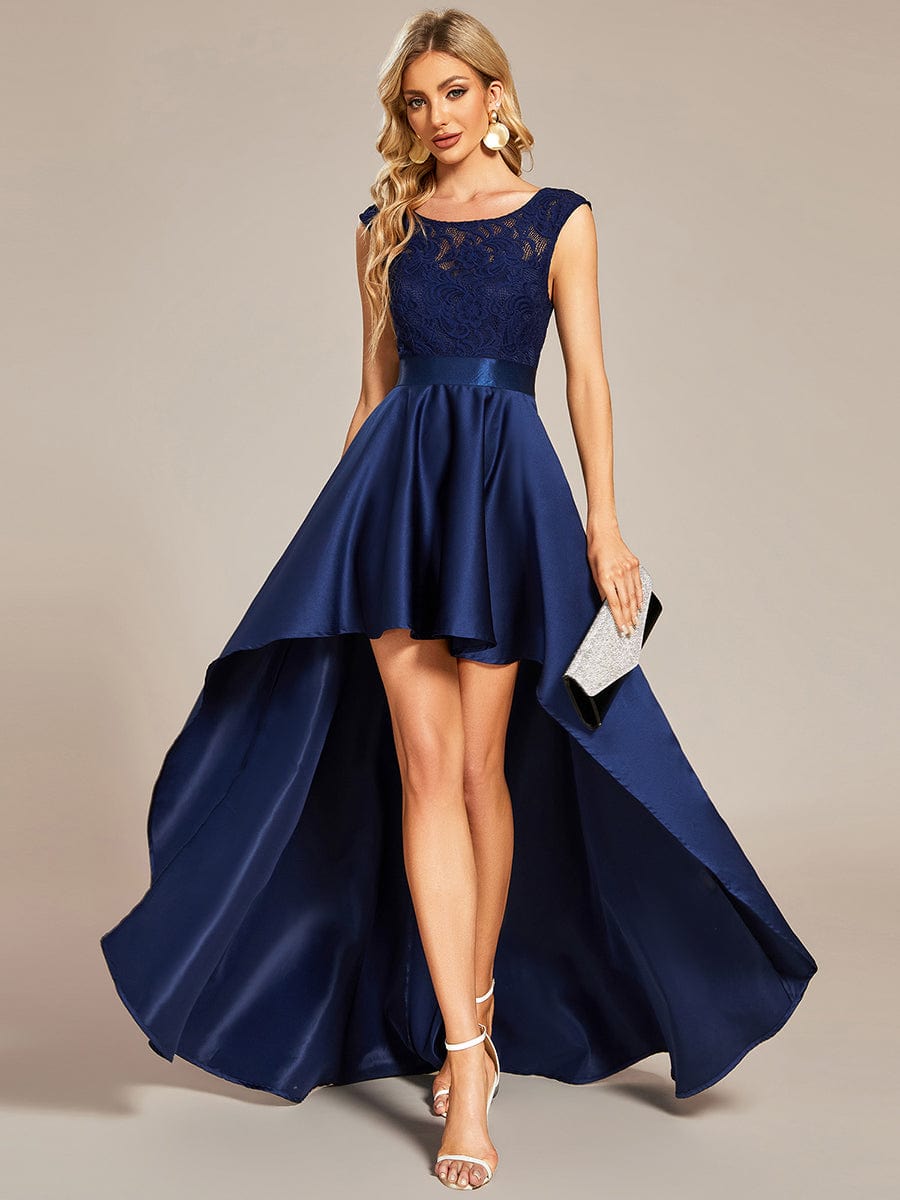Elegant Sleeveless High-low Lace Top Wedding Guest Dress #color_Navy Blue
