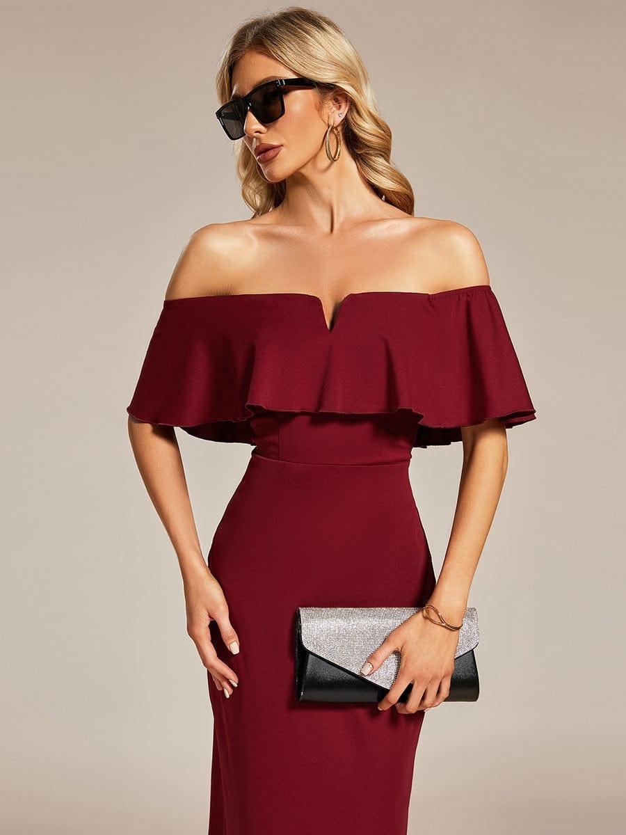 Off The Shoulder Bodycon Tea Length Wedding Guest Dress