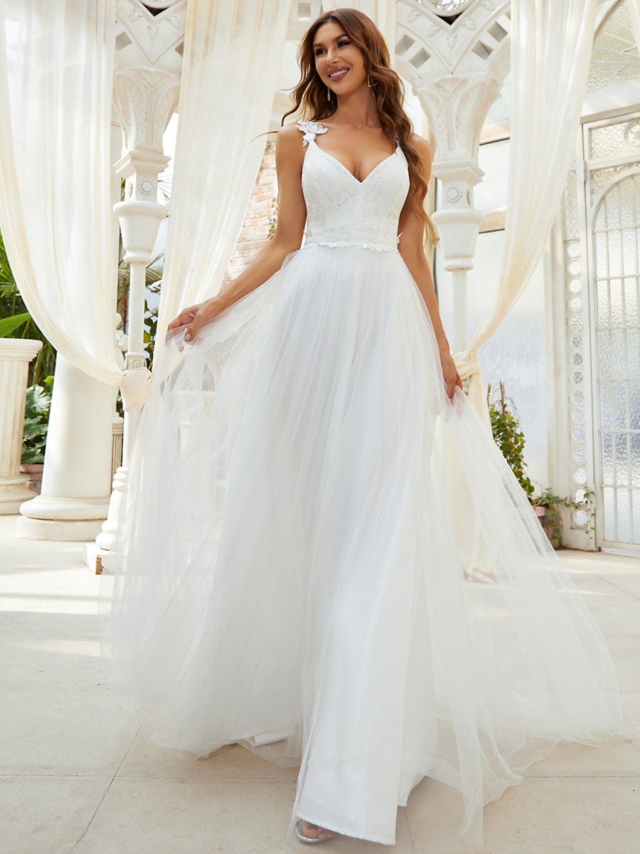 Custom Size Elegant V Neck Lace A-Line Backless Tulle Wedding Dress