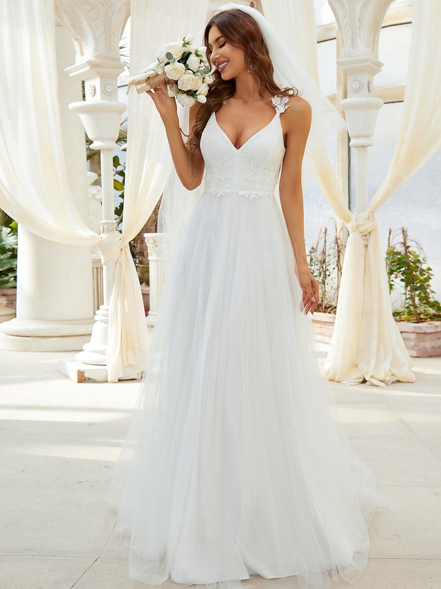 Double V Neck Lace Bodice Floor Length A-Line Wedding Dress #color_Cream