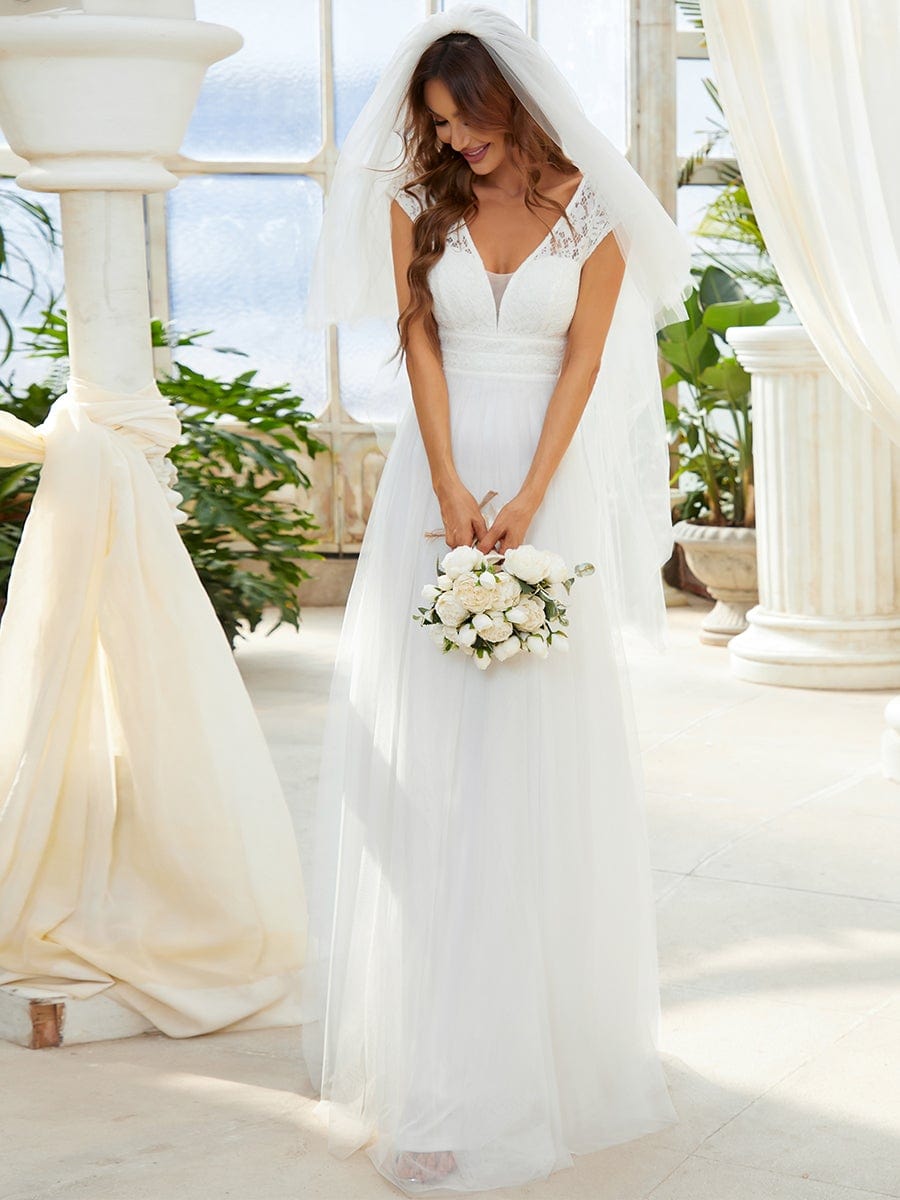 Lace V-Neck Floor Length Cap Sleeve Casual Wedding Dress #color_Cream