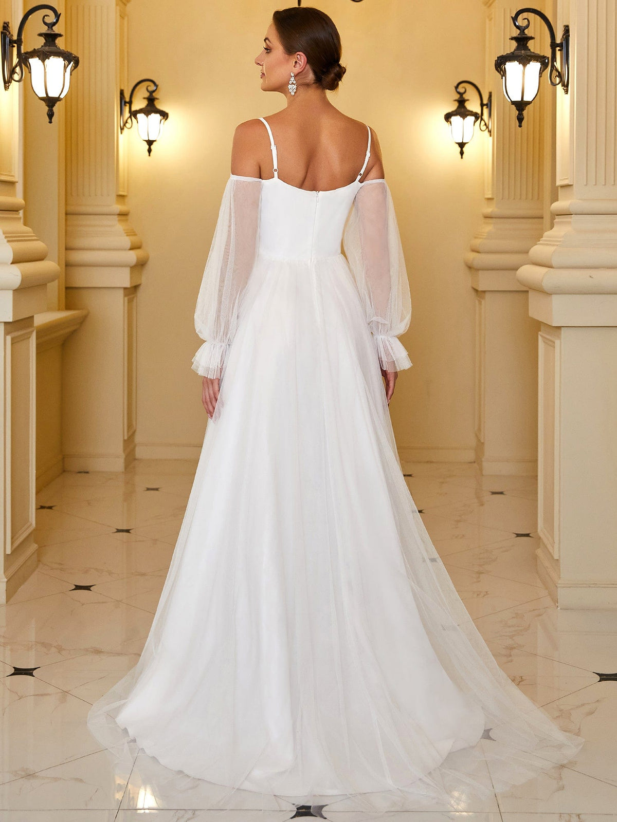 Boho Chic Cold Shoulder Lantern Sleeve Wedding Dress #color_Cream 