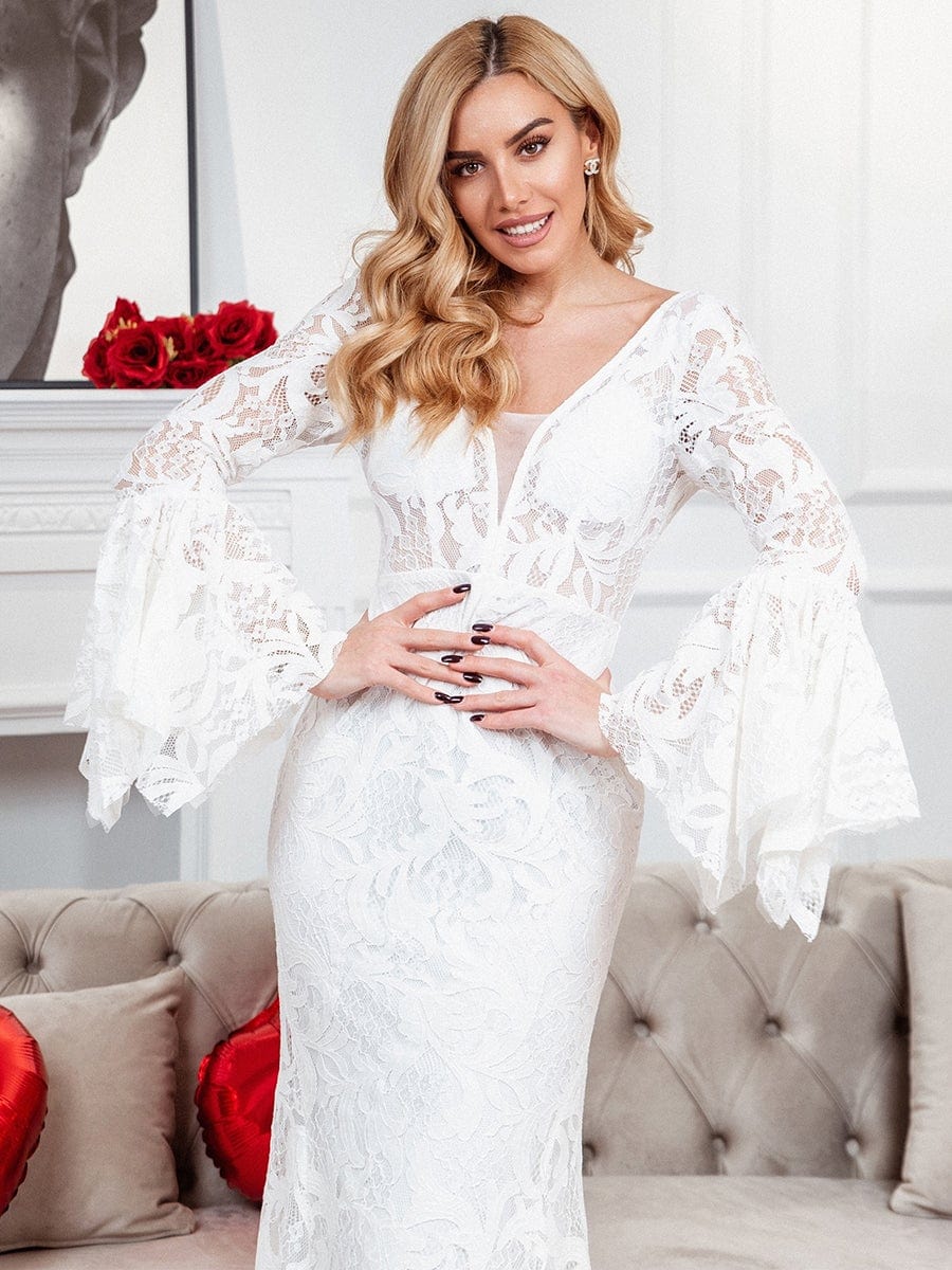 Color=White | All-Over Lace Bell Sleeve Fishtail Wedding Dress-White 3